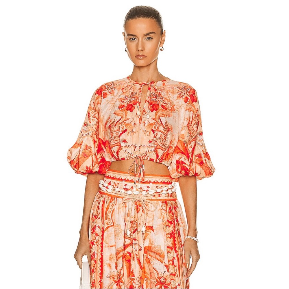 Zimmermann Lyre cropped shell embellished blouse in palm print